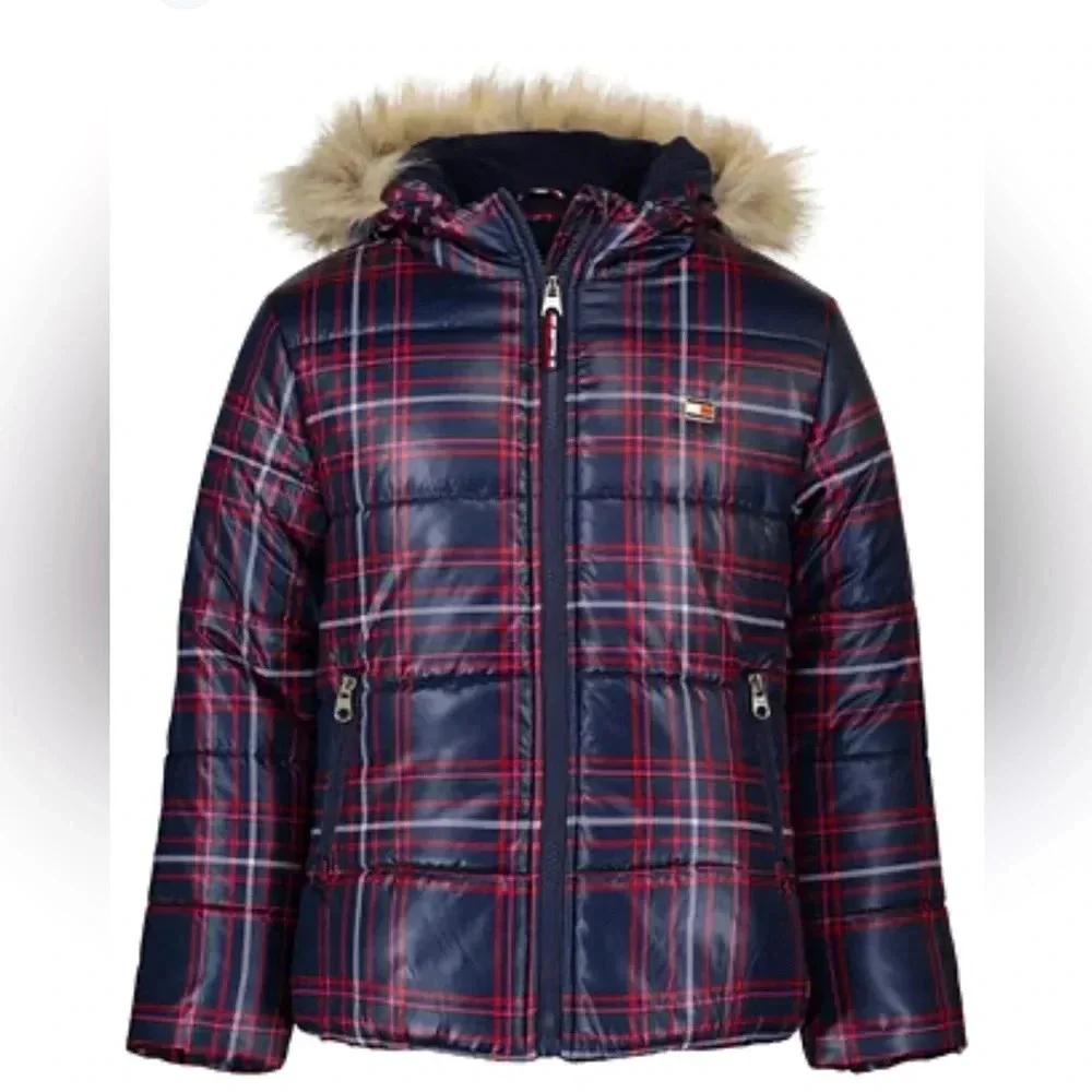 Tommy Hilfiger Girls XL 16 Plaid Puffer Jacket Faux Fur Hood EUC